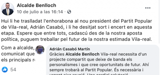 L’alcalde felicita Casabó i l’invita a mantenir una trobada i el nou president del PP agafa el guant
