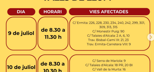 Avis per tall de llum a diverses zones