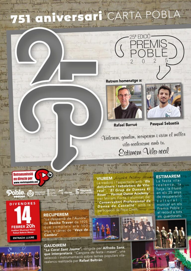El divendres 14 de febrer, gala dels XXV Premis POBLE a l’Auditori Municipal Músico Rafael Beltrán Moner