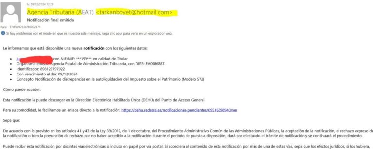 Alerten d’una estafa amb falses notificacions de l’Agència Tributària