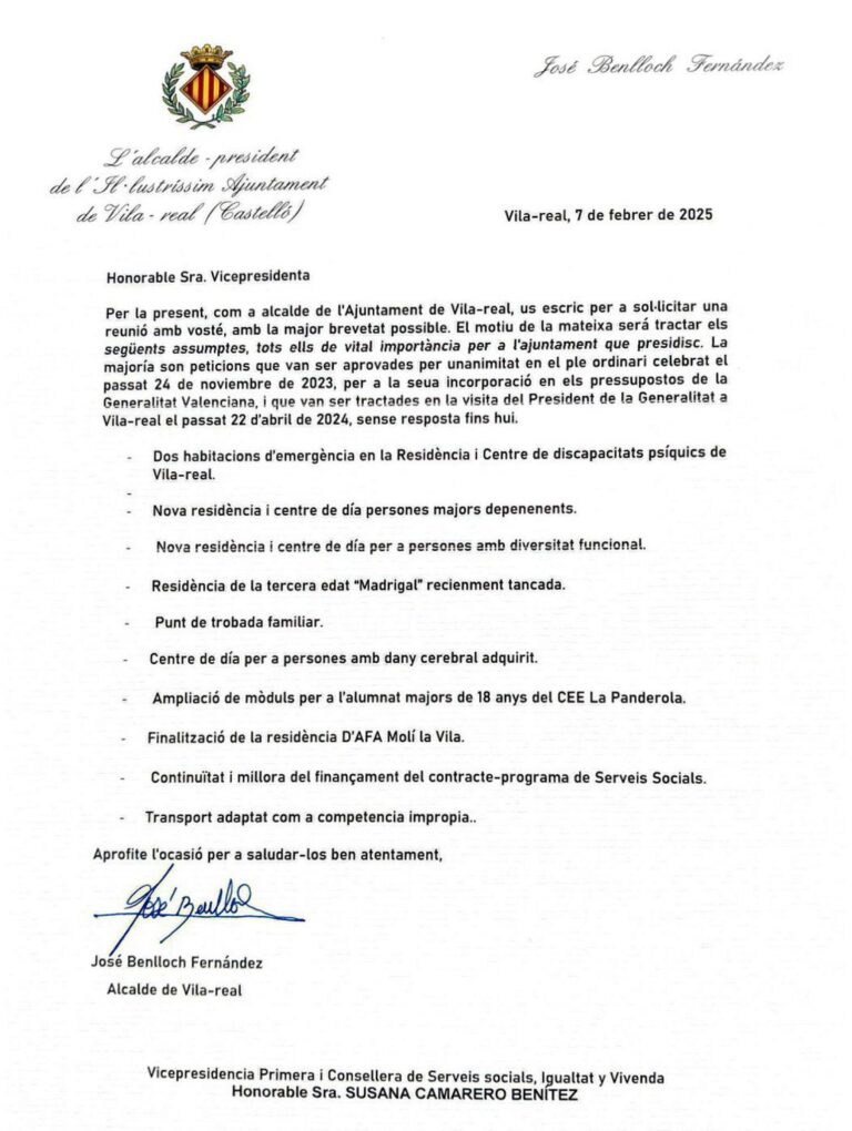 Benlloch reclama a la Generalitat els compromisos socials pendents