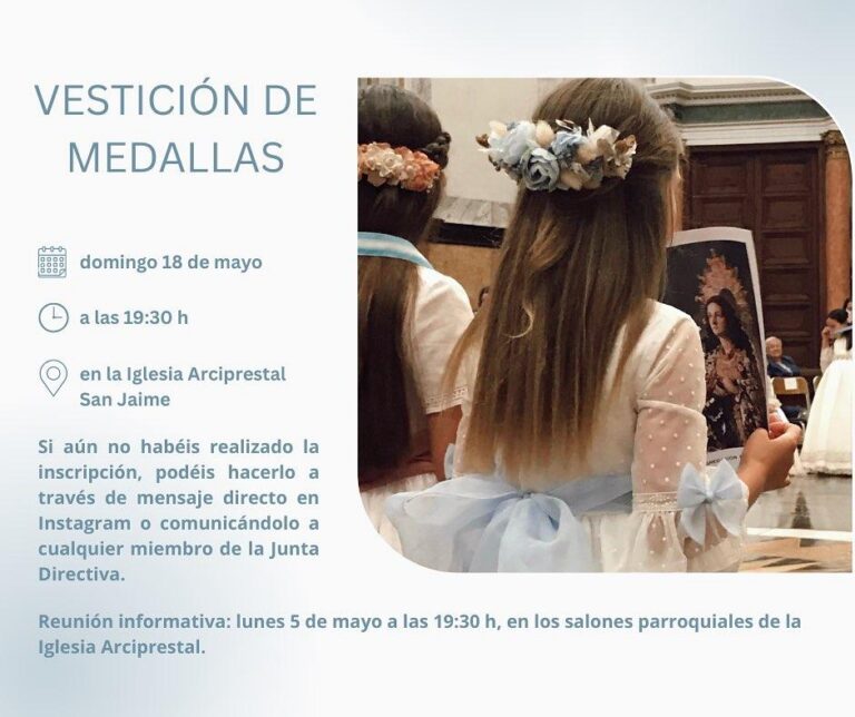 La Parròquia Arxiprestal de Sant Jaume acollirà la tradicional Vestició de Medalles de les xiquetes de Primera Comunió