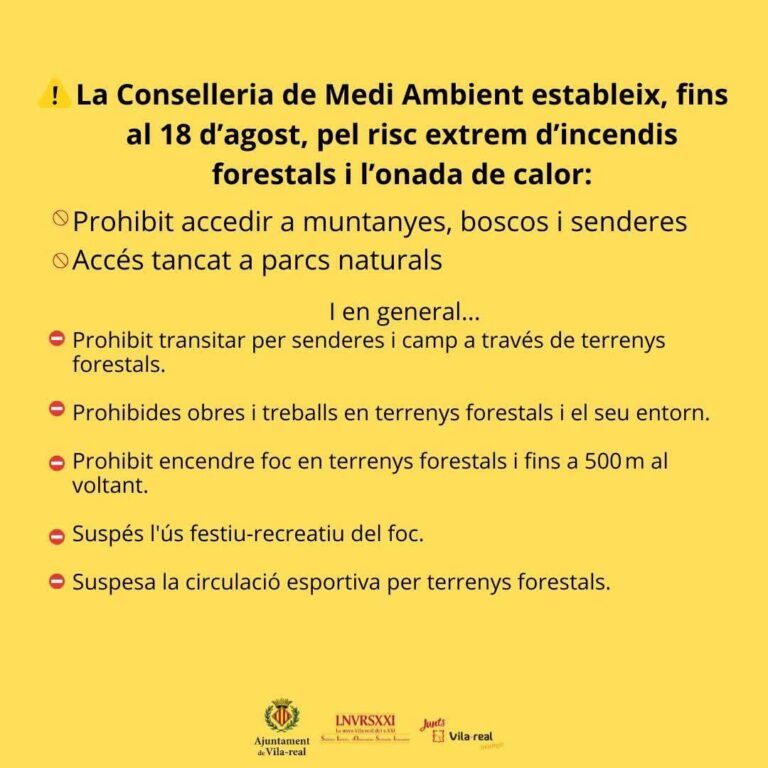 Vila-real alerta del risc extrem d’incendis: prohibides les activitats en zones forestals