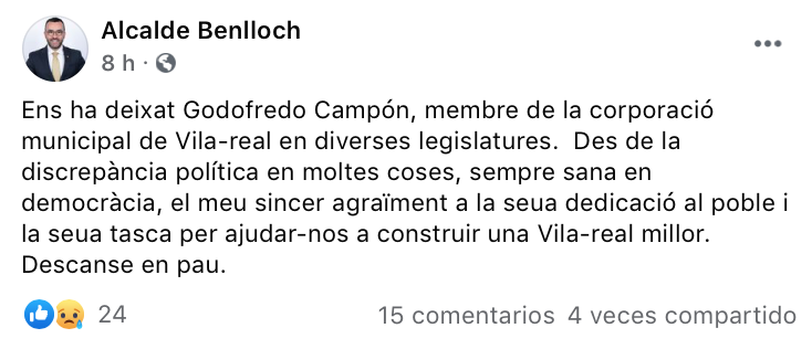 Mor Godofredo Campón, un dels membres de la Primera Corporació Democràtica de Vila-real