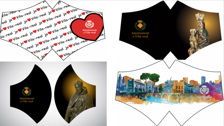 Màscares amb la imatge dels patrons i altres motius representatius de Vila-real per a promocionar la ciutat