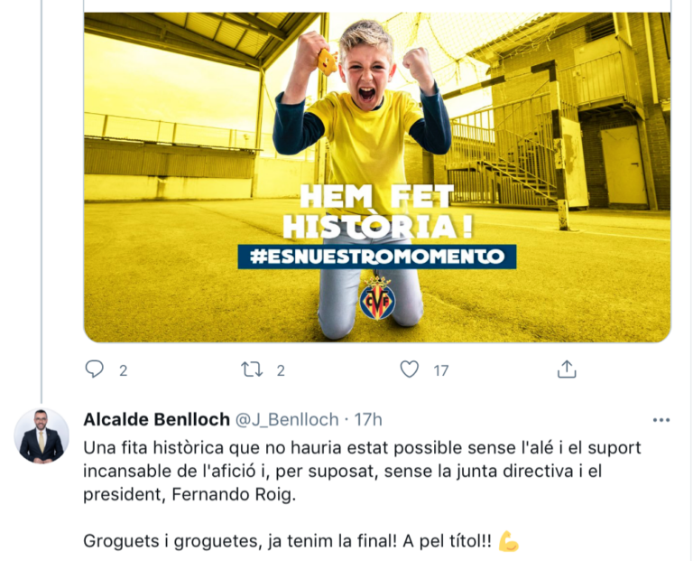 L’alcalde felicita el Villarreal CF per la “gesta històrica” i posa en valor l’actitud “modèlica” de l’afició