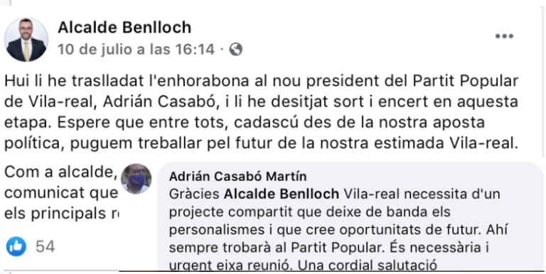 L’alcalde felicita Casabó i l’invita a mantenir una trobada i el nou president del PP agafa el guant