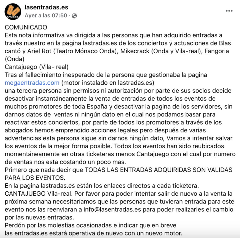 Irregularitat en la pàgina web que gestiona les entrades d’alguns actes a Vila-real