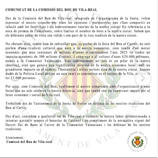 La Comissió del Bou de Vila-real planta cara a les restriccions i defensa el Bou al Carrer