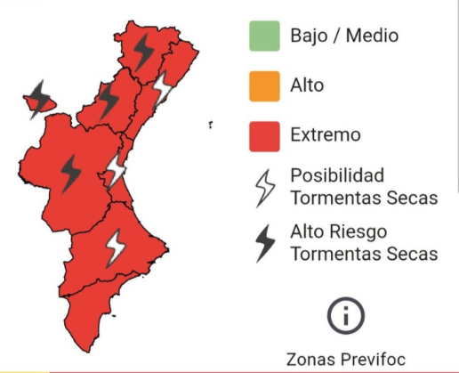 Emergències declara el risc extrem d’incendis forestals a tot el territori valencià