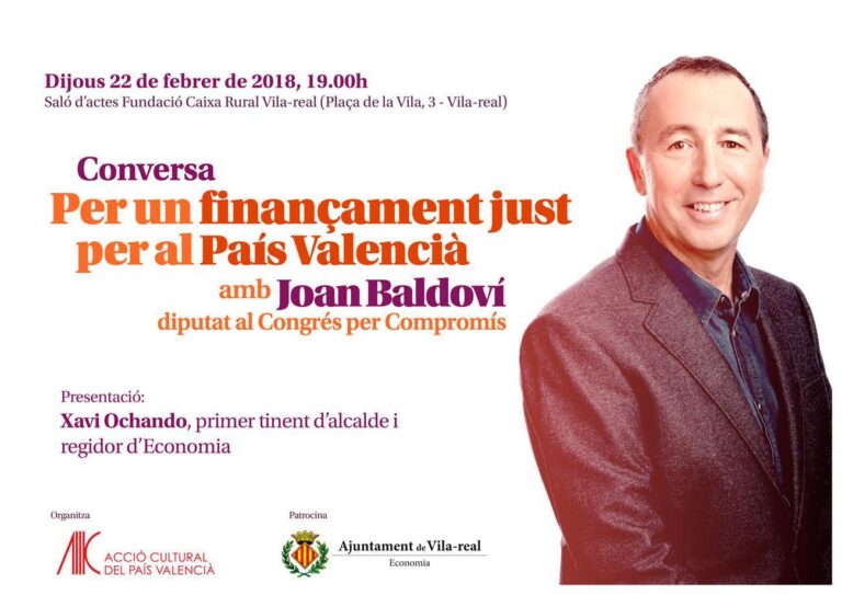 Joan Baldoví parlarà sobre finançament just aquest dijous a la Fundació Caixa Rural