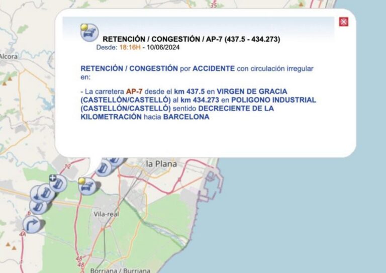 Retencions en la CV-10 i l’AP-7 per l’accident d’un camió en Vila-real