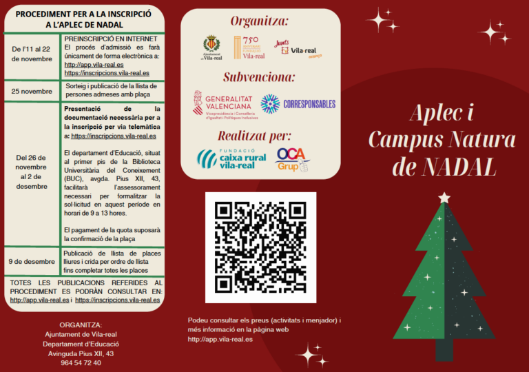Vila-real llança una nova edició de l’Aplec de Nadal i Campus Natura per a facilitar la conciliació familiar durant les vacances escolars