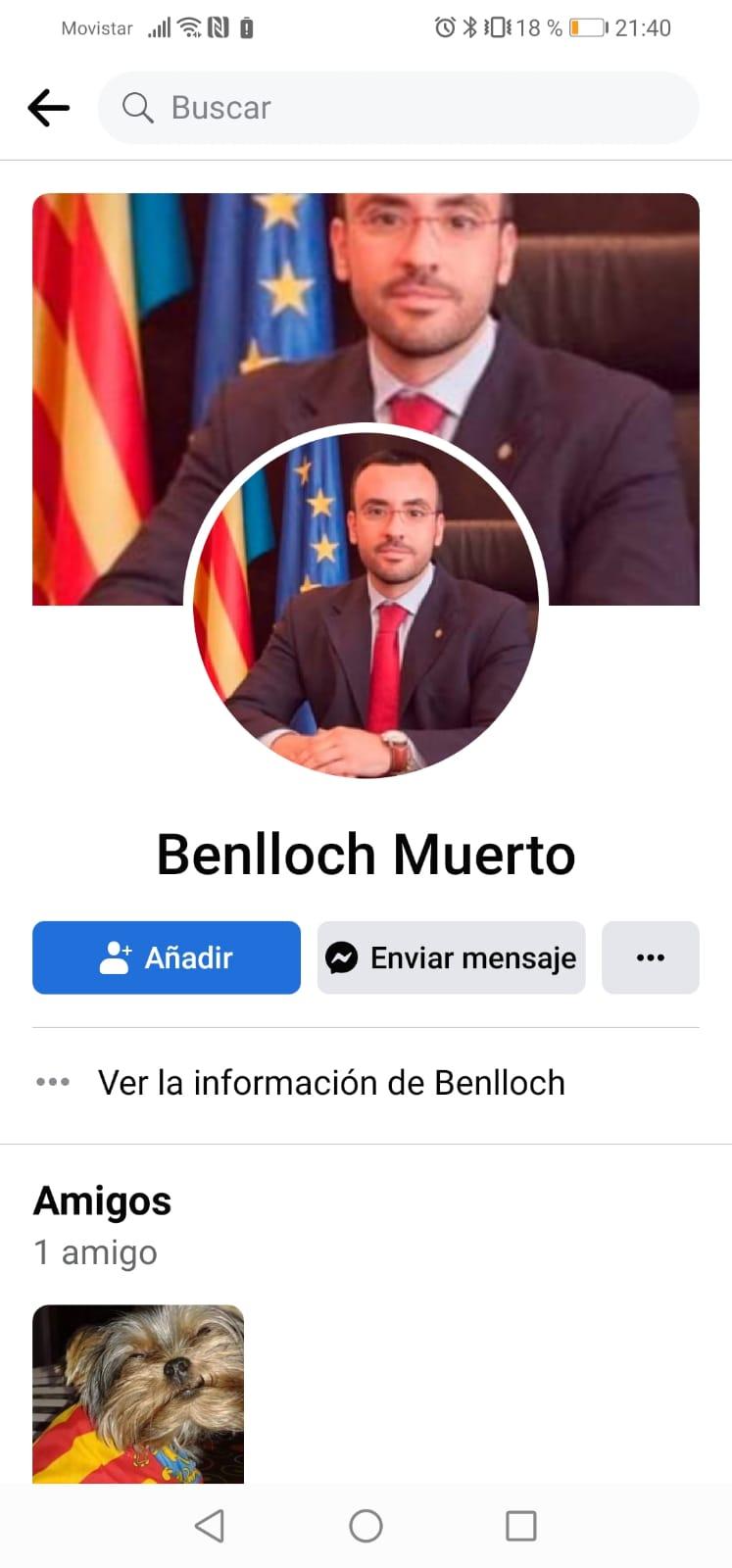Tanquen el perfil 'Benlloch mort' de Facebook després de la denúncia de l'alcalde