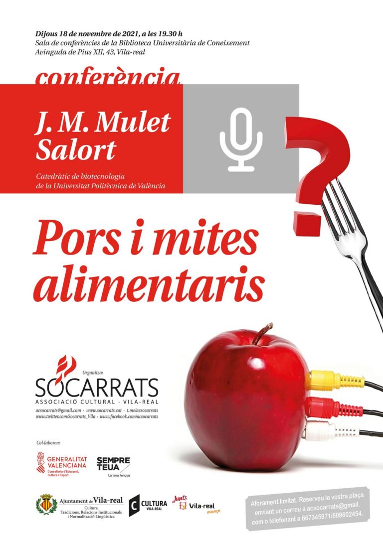 La conferència 'Pors i mites alimentaris' arriba a Vila-real de la mà de J.M.Mulet Salort