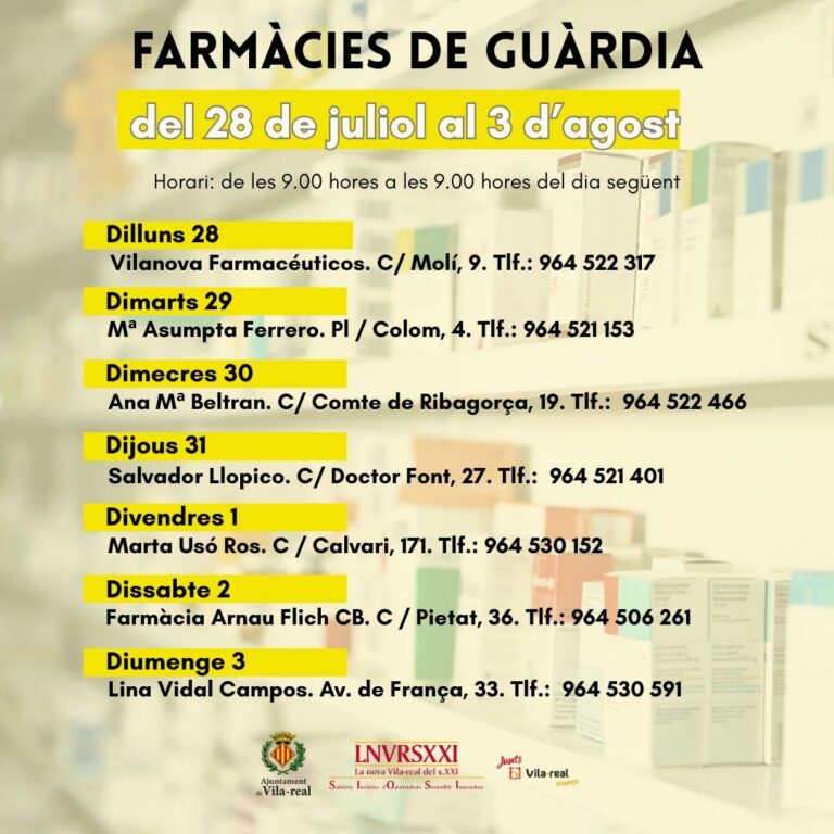 Horari de farmàcies de guàrdia del 28 de juliol al 3 d’agost