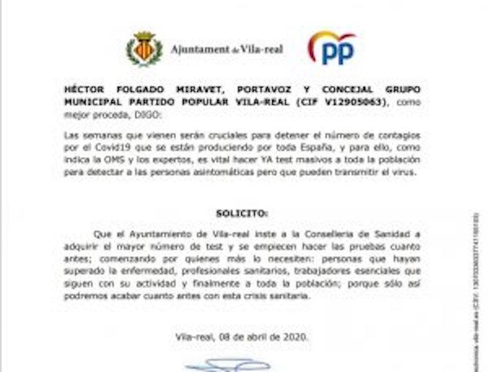El PP celebra que s'accepte la proposta de fer test als col.lectius amb major risc de contagi