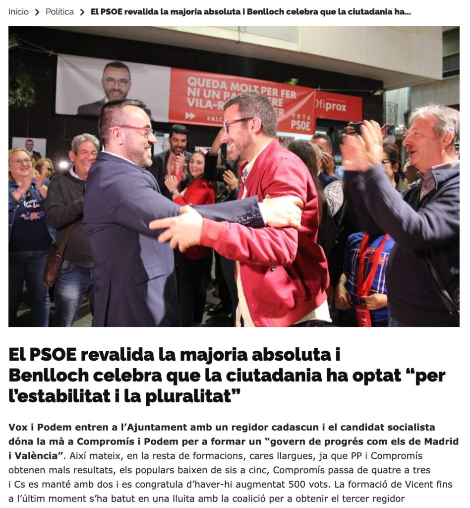 Benlloch revalida la sua majoria absoluta. Vila-real Informació 2029