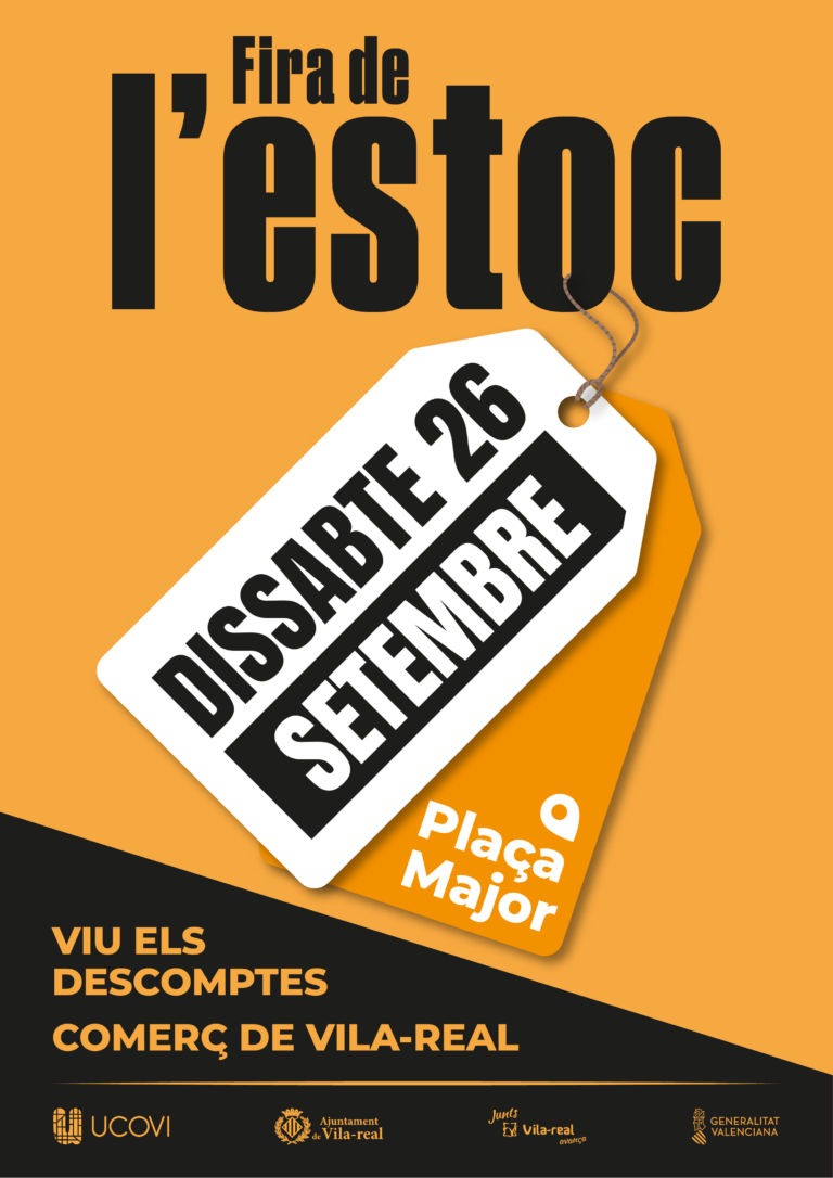 La plaça Major de Vila-real es convertirà aquest dissabte, 26 de setembre, en l’escenari de la Fira de l’Estoc, una iniciativa de promoció del comerç de proximitat impulsada per la Unió de Comerç de Vila-real (UCOVI) amb la col·laboració de l’Ajuntament. La jornada reunirà 13 establiments i 25 carpes amb productes de temporada i últimes unitats a preus especials.