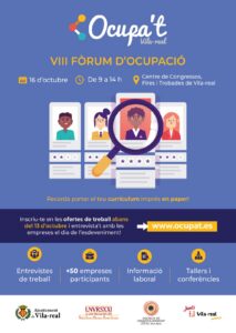 L’Ajuntament de Vila-real ha obert les inscripcions per a la vuitena edició del Fòrum OCUPA’T, que se celebrarà el pròxim 16 d’octubre, de 9.00 a 14.00 hores, al Centre de Congressos del carrer de Miralcamp. La cita preveu reunir prop de 60 empreses i oferir noves oportunitats laborals a les persones que busquen ocupació.